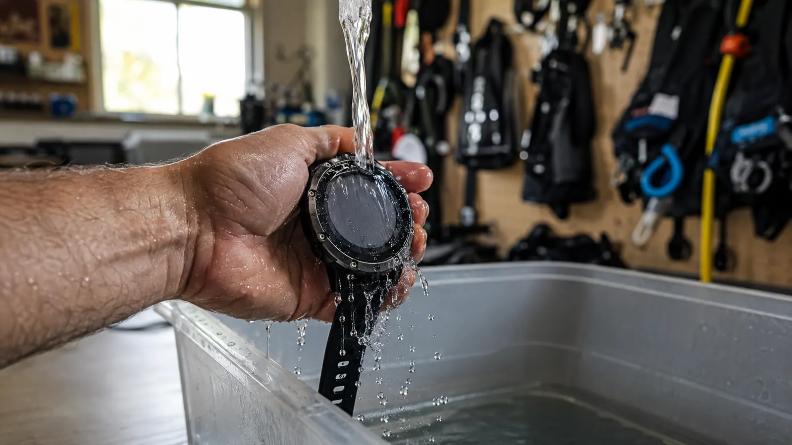 A hand rinsing a watch-style dive computer under fresh water into a plastic bin after a dive