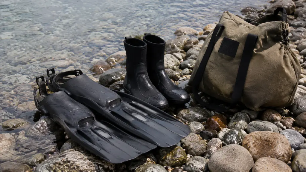 Open-heel fins and boots set out on smooth beach stones at a shore entry with shallow turquoise water lapping the rocks