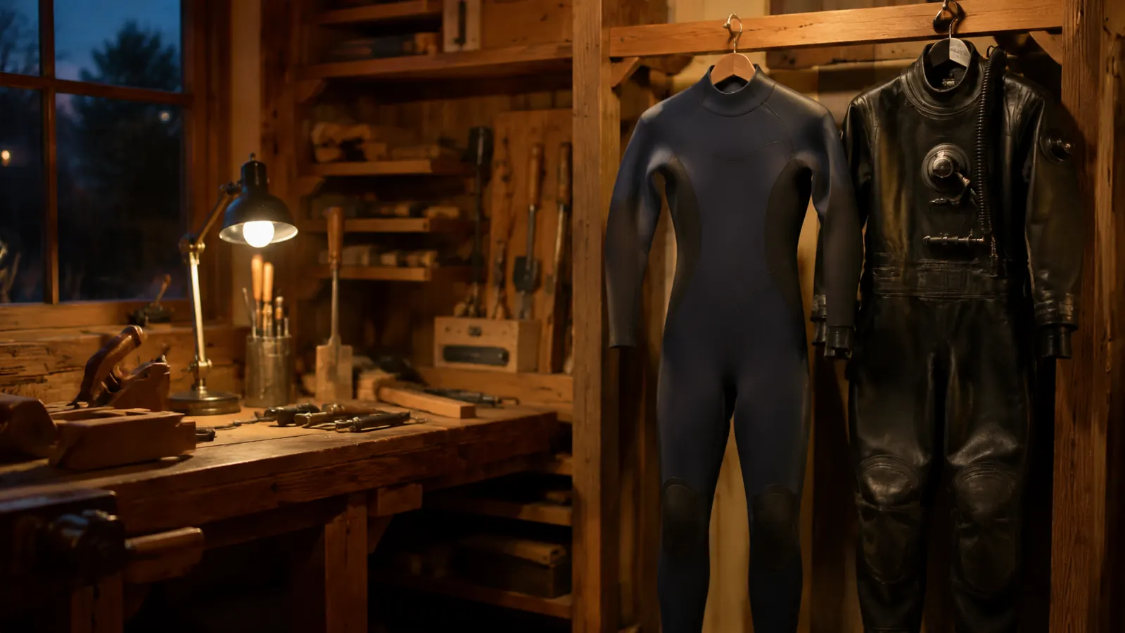 A one-piece wetsuit hanging on a wooden rack next to a drysuit with a valve hose in a warm workshop, workbench and hand tools nearby