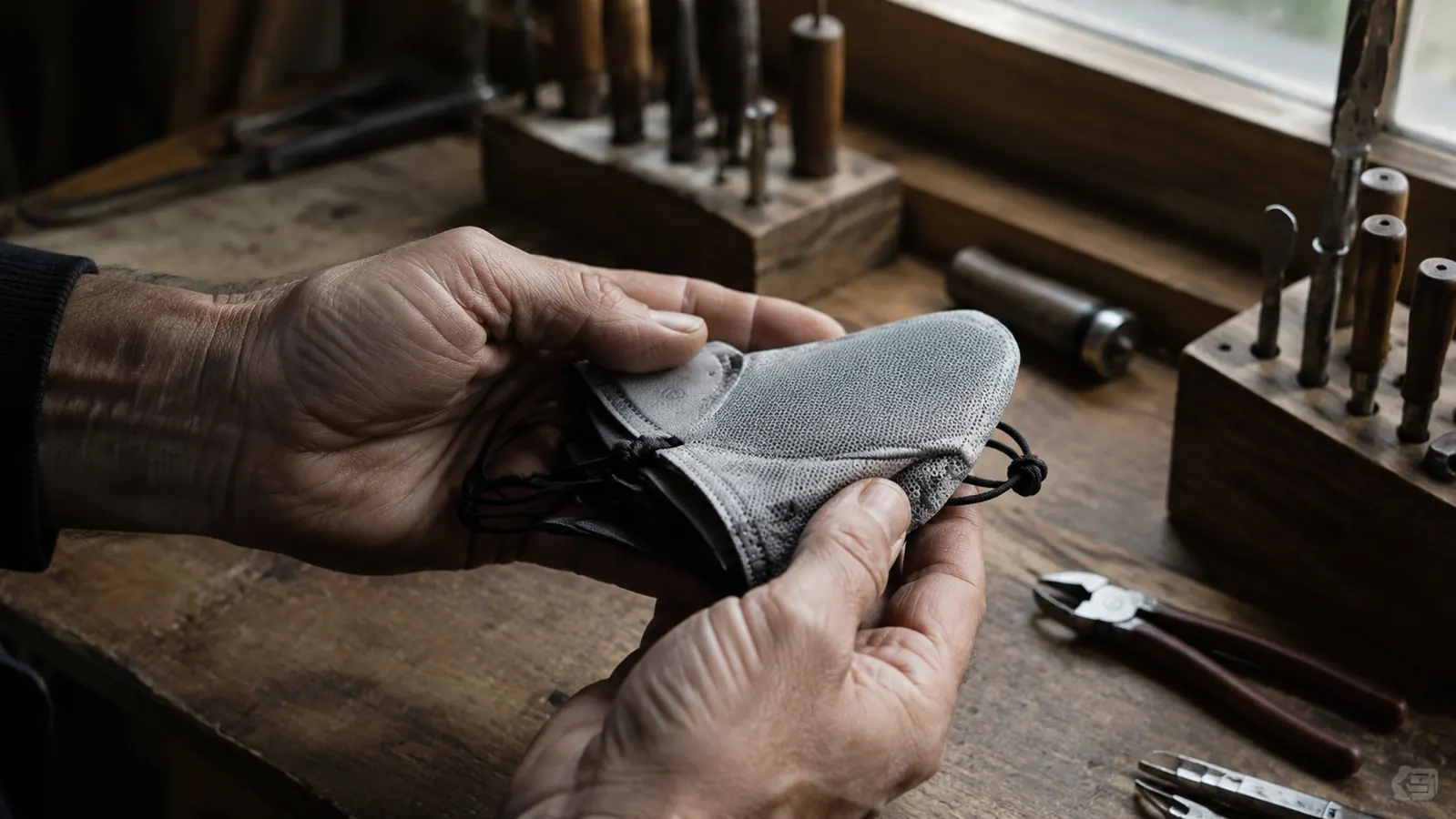 A frameless dive mask folded nearly flat in a man's weathered hands above a workshop bench with hand tools, morning light through a window.