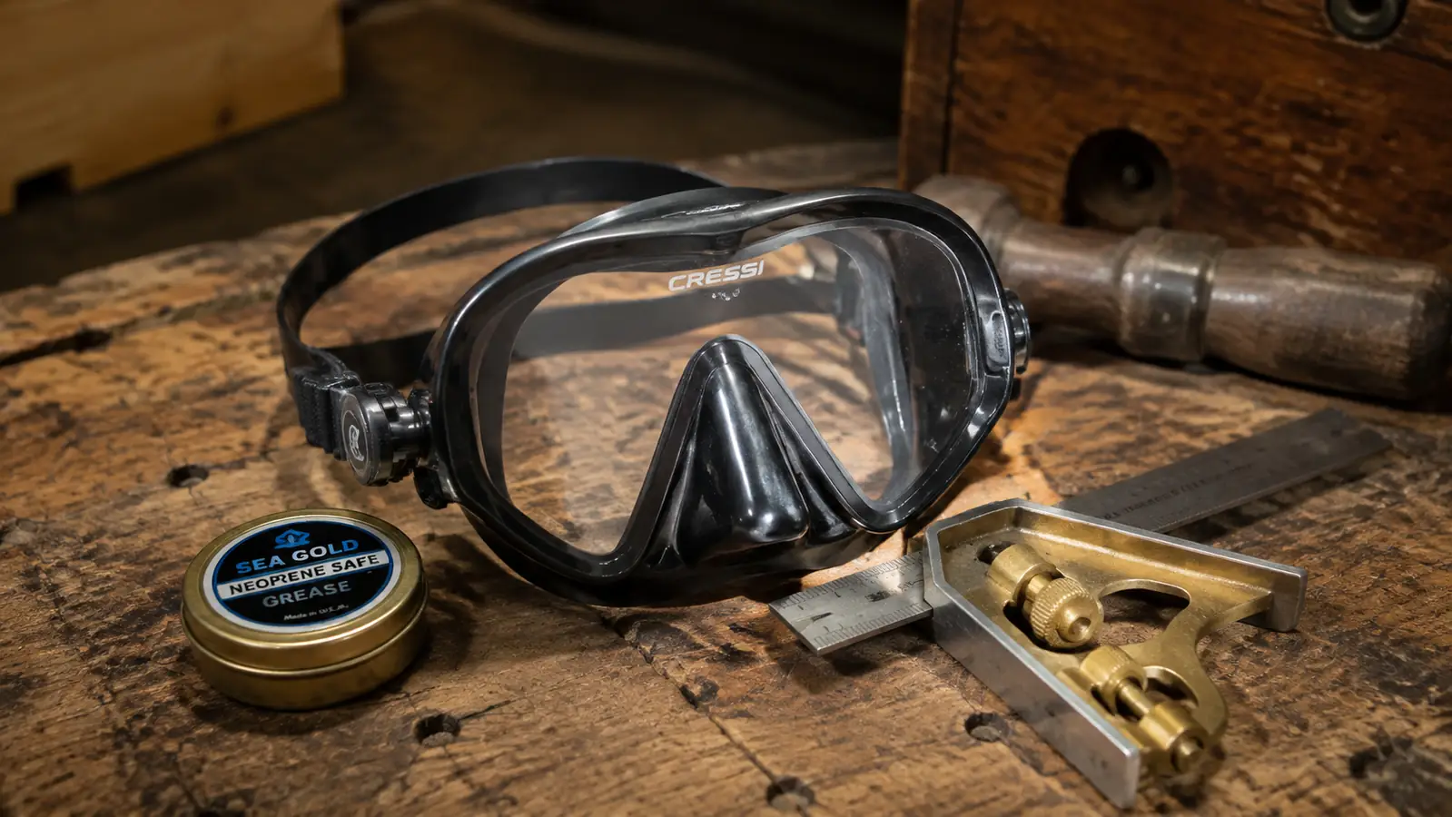 A frameless dive mask lying on a scarred wooden workbench beside a brass combination square, a steel rule, and a tin of neoprene-safe grease