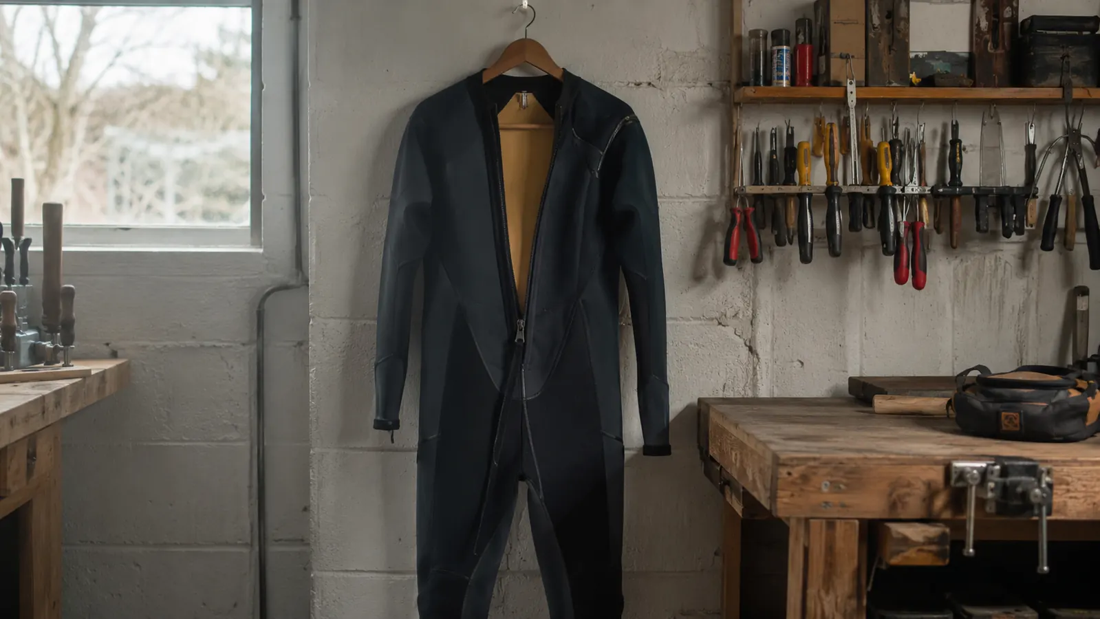 A wetsuit hung inside out on a broad wooden hanger in a cool basement beside a workbench.
