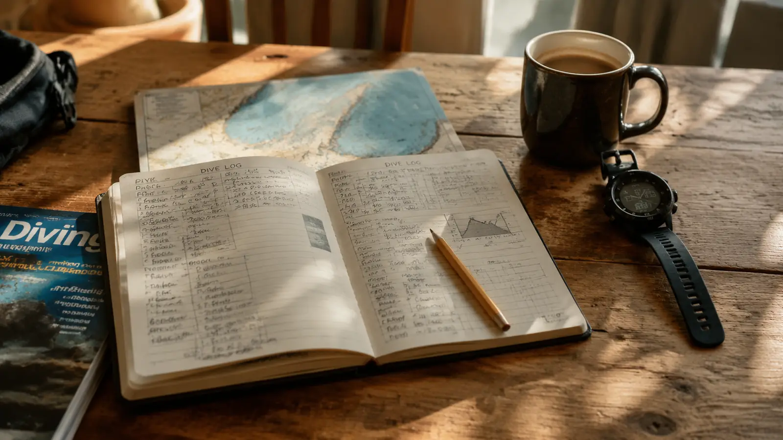 An open paper dive logbook with a pencil and a dive computer resting on a worn wooden kitchen table beside a ceramic mug of coffee.