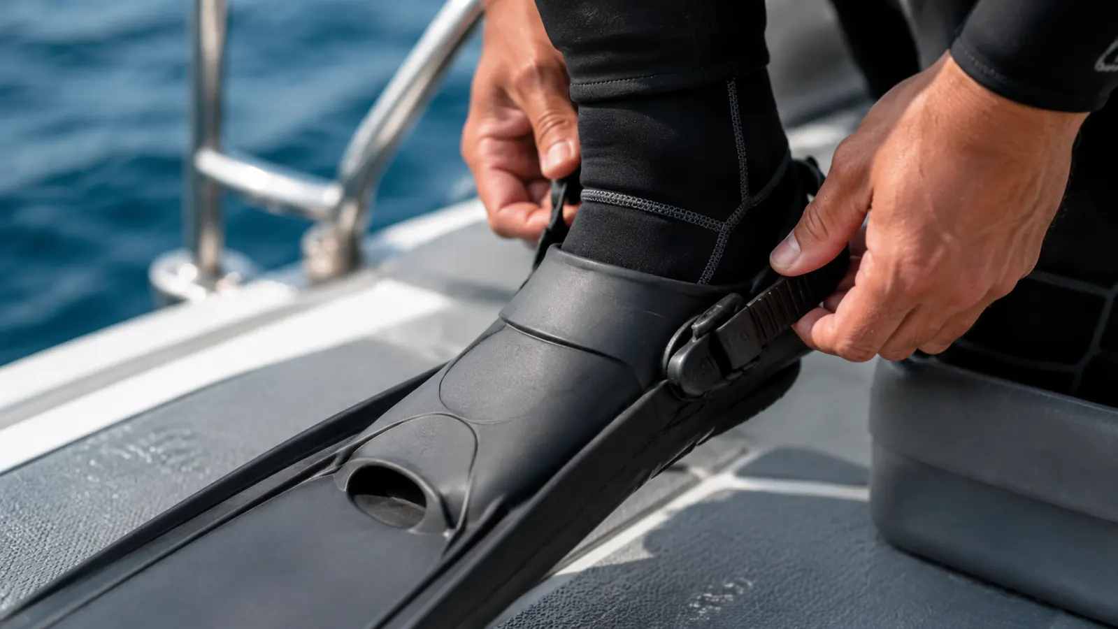 Close view of hands buckling the heel strap of a scuba fin over a neoprene boot on a boat deck