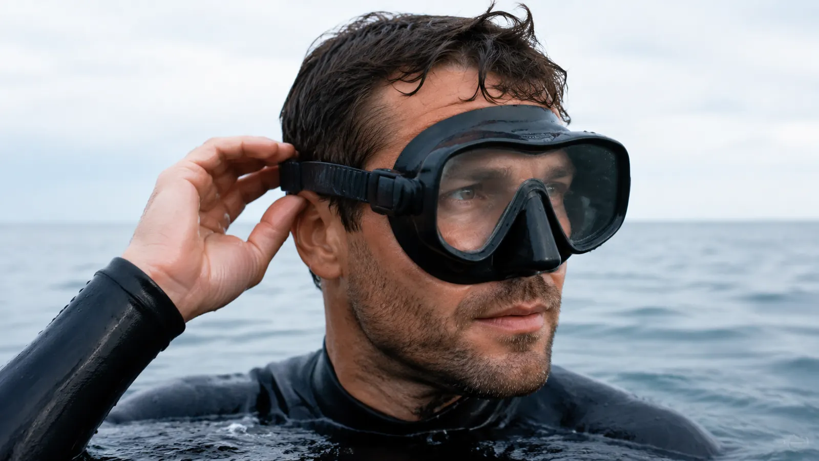 Diver floating at the surface wearing the frameless mask, one hand reaching back to adjust the head strap