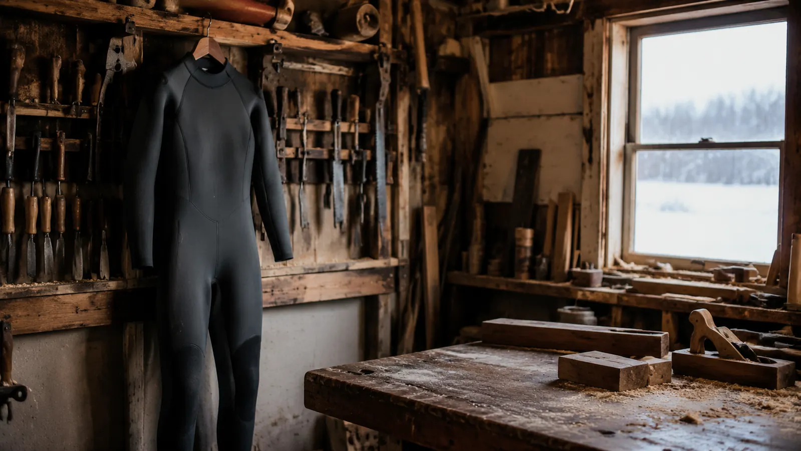 A one-piece wetsuit hanging on a wooden workshop rack beside a workbench, hand tools on the wall and winter light through a window
